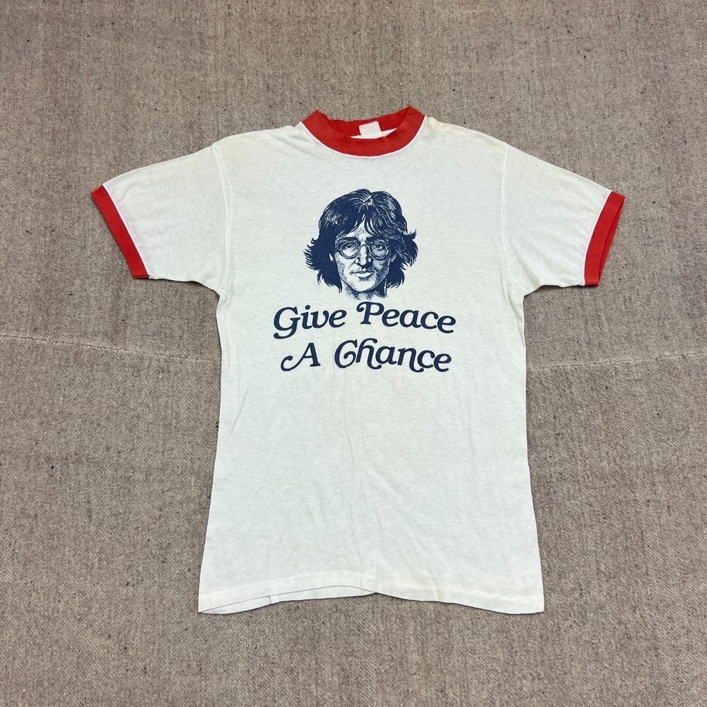 Vintage John Lennon Shirt Mens Small White 1970s Give Peace A Chance Ringer